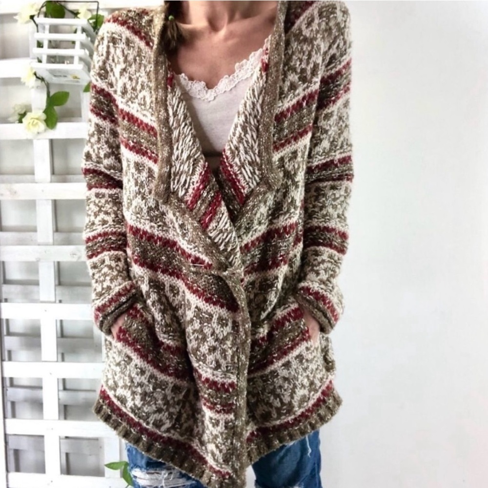 J Jill Beige Brown Knitted Cardigan Sweater Chunky Oversized Fall Women Size S